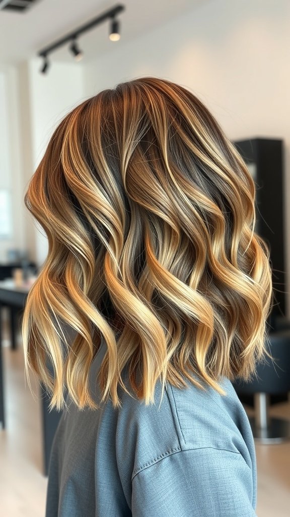Medium layered hairstyle with ombre effect, showcasing waves and volume.