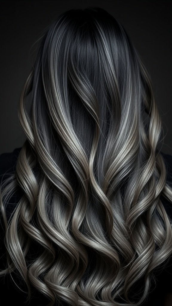 Hair styled in waves with a transition from black to gray.