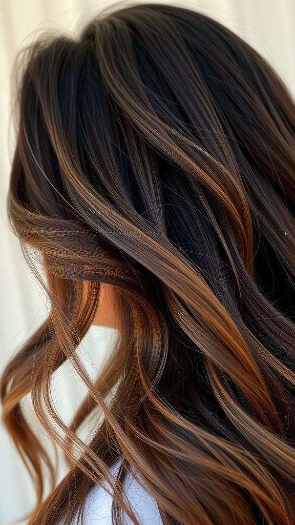 Balayage on dark brown hair with olive tones, showcasing warm highlights and depth.