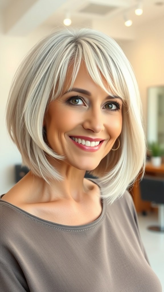 A woman with a pearl-white choppy bob hairstyle and bangs, smiling confidently.