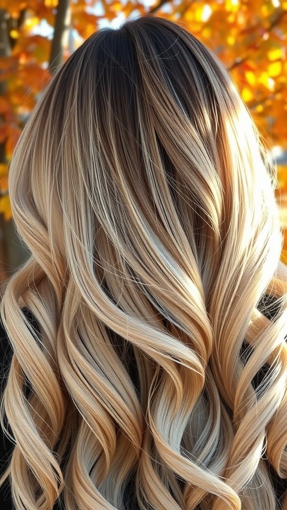 A close-up view of long, wavy hair with pearly blonde balayage, set against a backdrop of autumn leaves.