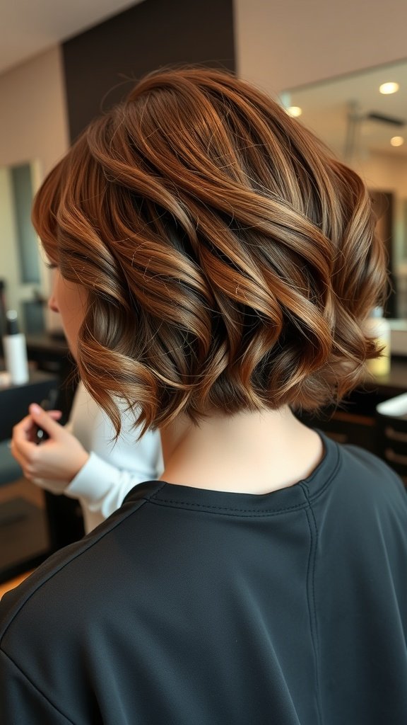 A stylish pin curled bob hairstyle with a glossy finish, showcasing soft curls and a polished look.