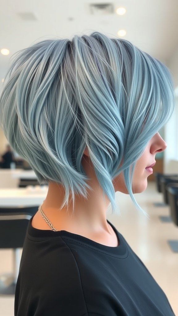 A stylish pixie box bob hybrid hairstyle with icy blue streaks.