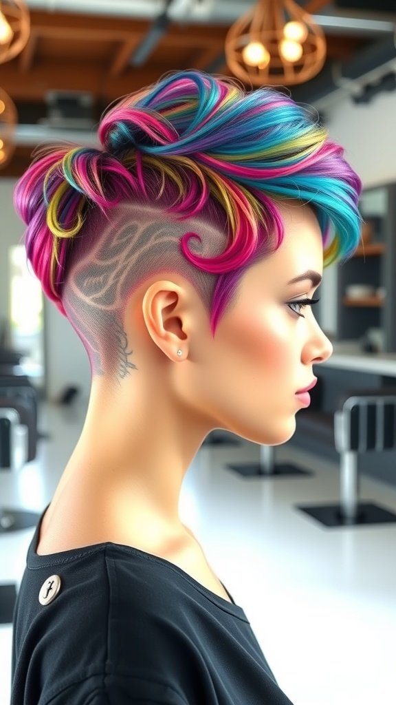 A stylish pixie undercut hairstyle featuring vibrant colors and swirl patterns.