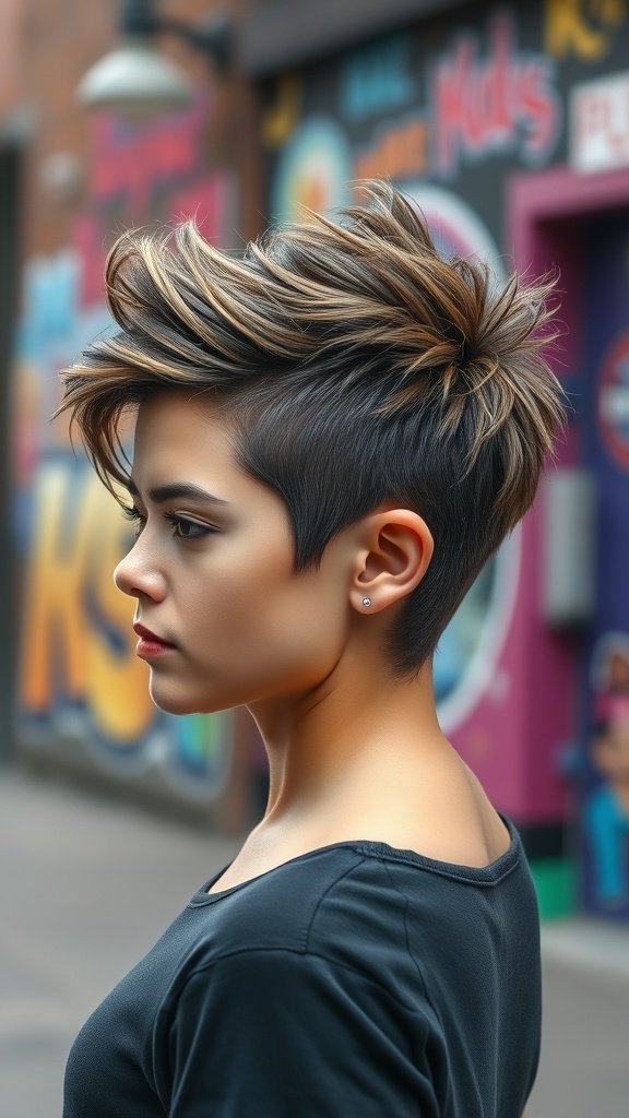 A stylish woman with a razored pixie haircut featuring a faux hawk, showcasing a modern and edgy hairstyle.