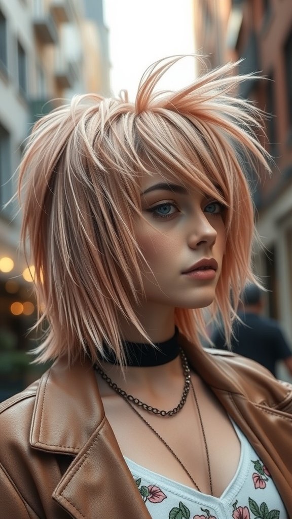 A person with a rose gold shaggy mullet hairstyle, showcasing a trendy and modern look.