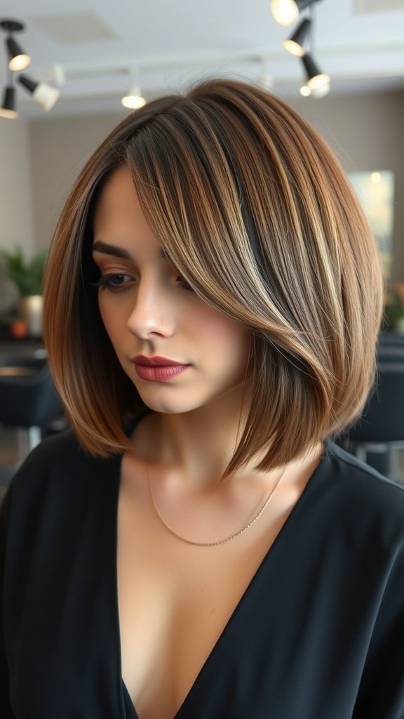A woman with a rounded micro bob hairstyle, featuring minimal layers and rich hair tones.