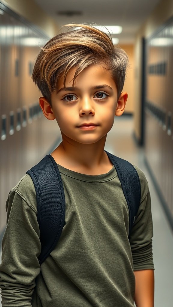 A young boy with shaggy curls and a backpack standing in a school hallway.