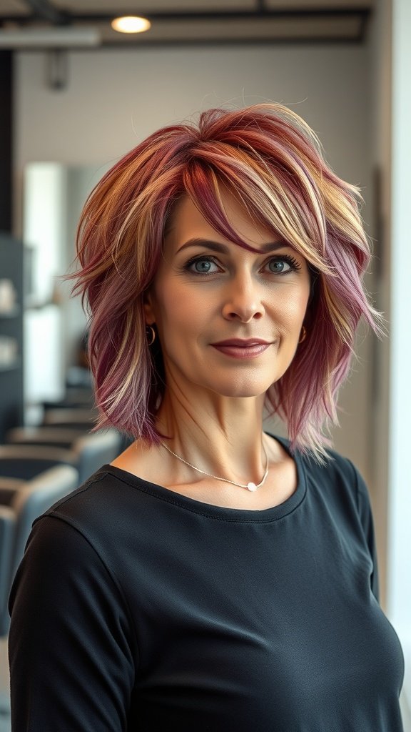 A woman with a shaggy mullet hairstyle featuring curtain bangs, showcasing vibrant colors and a modern look.