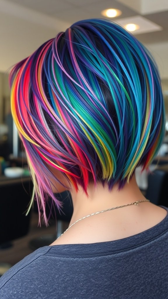 A vibrant short-feathered bob hairstyle featuring hidden rainbow colors.