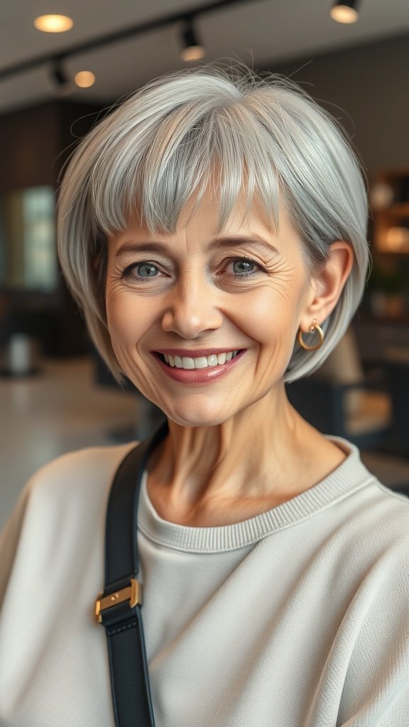 A smiling older woman with a short bowl cut and micro bangs, showcasing a modern hairstyle.
