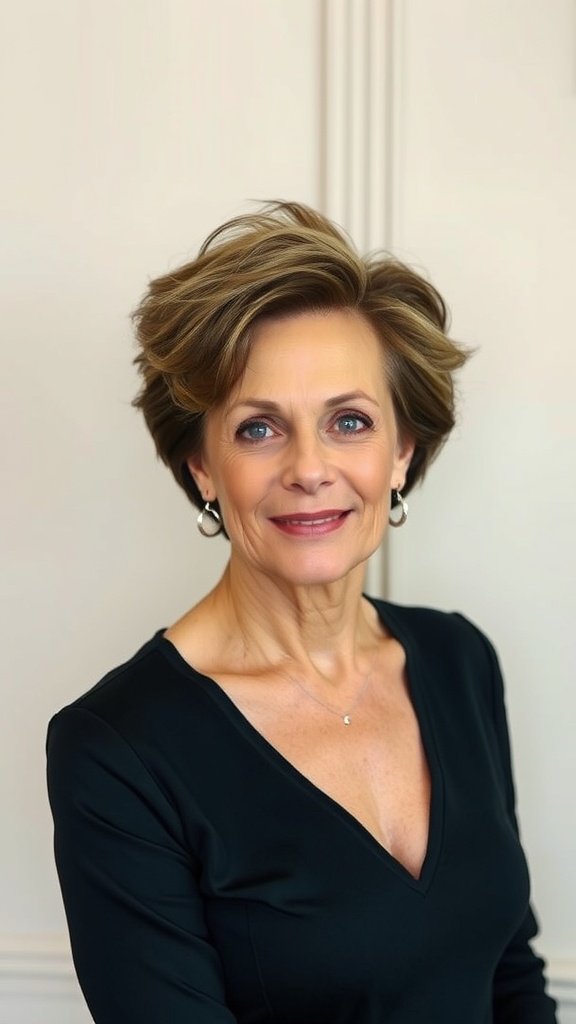 A woman with a short crop hairstyle featuring a voluminous top, smiling confidently.