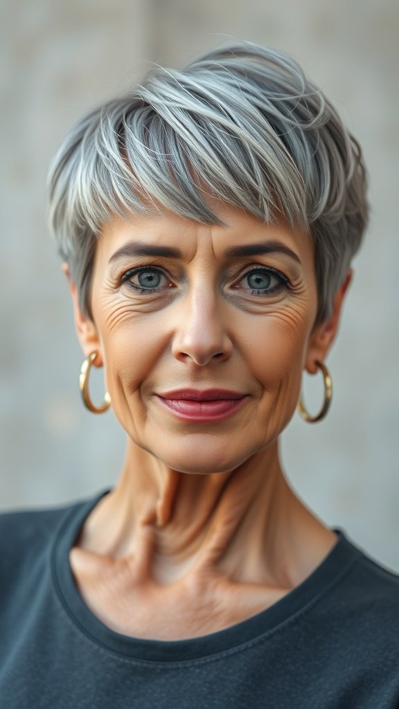 A woman with a short razor-cut pixie hairstyle in salt and pepper color, smiling confidently.