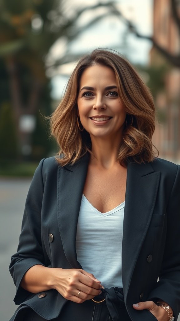 A woman with shoulder-length wavy hair styled with subtle layers, wearing a blazer and smiling outdoors.