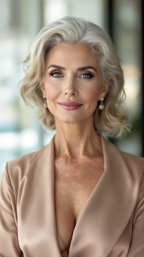 A woman with slicked-back curls, wearing a neutral outfit and exuding sophistication.