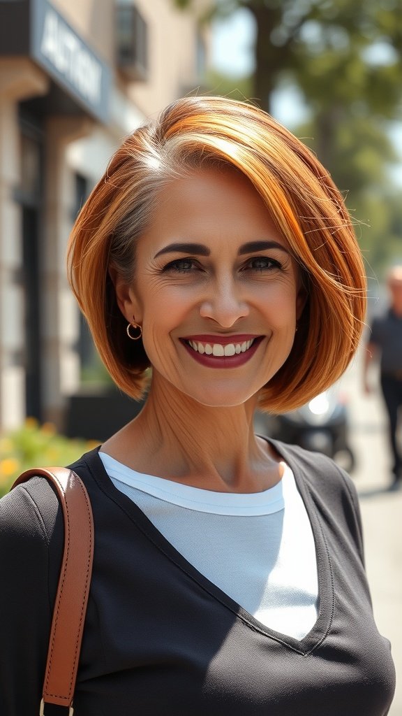 A woman with a slicked-back short bob hairstyle, smiling confidently outdoors.