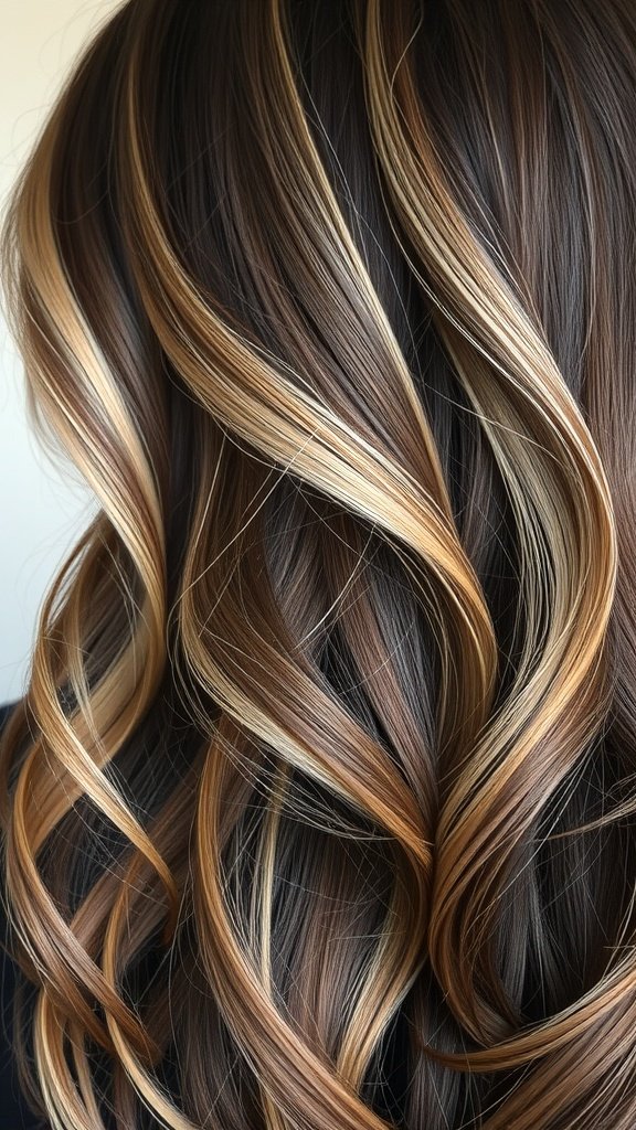A close-up view of wavy hair featuring a smoky brown base with blonde highlights.