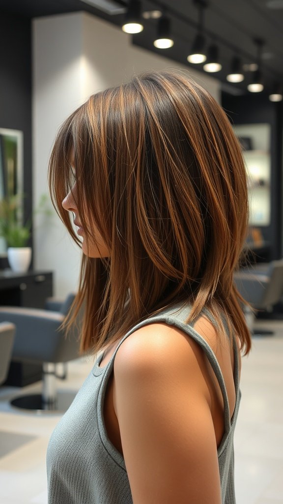 A woman with smooth-layered shag haircut and blunt bangs, showcasing a modern hairstyle.