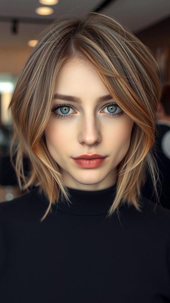 A woman with a soft layered haircut and wispy side bangs, showcasing a stylish and fresh look.