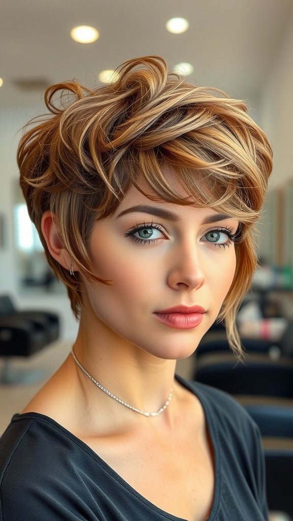 A woman with a soft pixie haircut featuring curled bangs, showcasing thick hair texture and style.