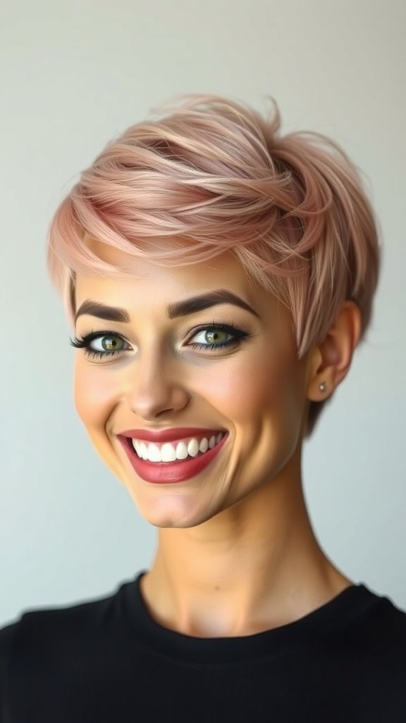 A woman with a soft rose gold pixie haircut, smiling brightly.