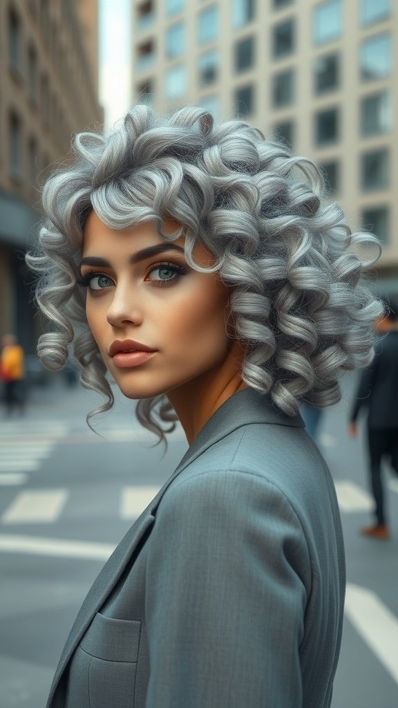 A woman with spiraled silver curls wearing a tailored blazer, standing confidently in an urban setting.