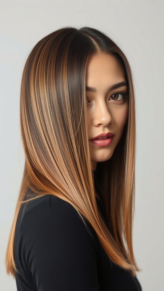 A woman with straight hair featuring subtle face-framing highlights, showcasing a modern and chic hairstyle.