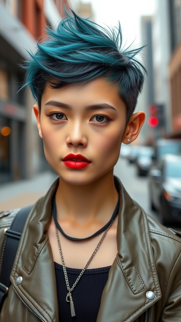 A young person with a tapered bixie haircut featuring teal accents, wearing a leather jacket and bold red lipstick.
