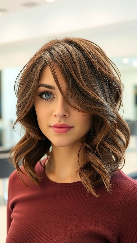 A woman with a tapered bob hairstyle featuring soft ringlets, showcasing a stylish and modern look.