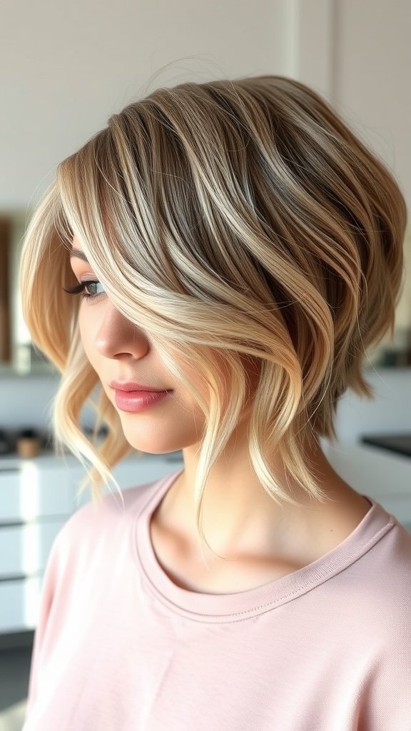 A woman with a tapered layered haircut styled with a middle part, showcasing soft waves and a modern look.