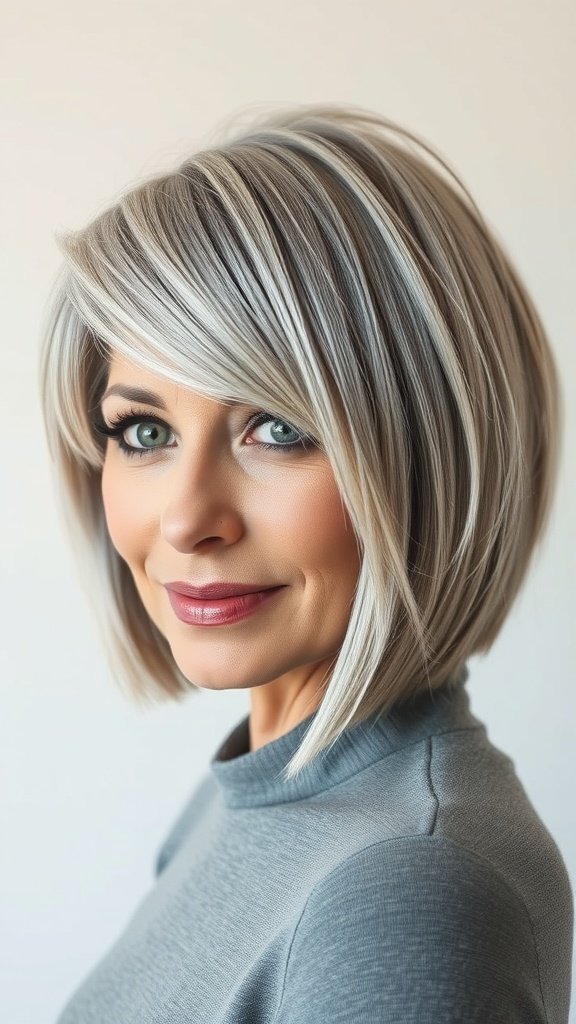 A woman with a textured bob hairstyle featuring bold silver streaks, smiling confidently.