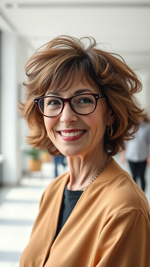 A woman with a tousled curly bob and side bangs, wearing glasses, smiling in a bright indoor setting.
