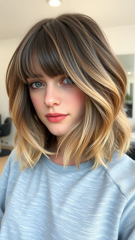 A woman with a tousled layered bob hairstyle featuring full bangs, showcasing a casual yet stylish look.