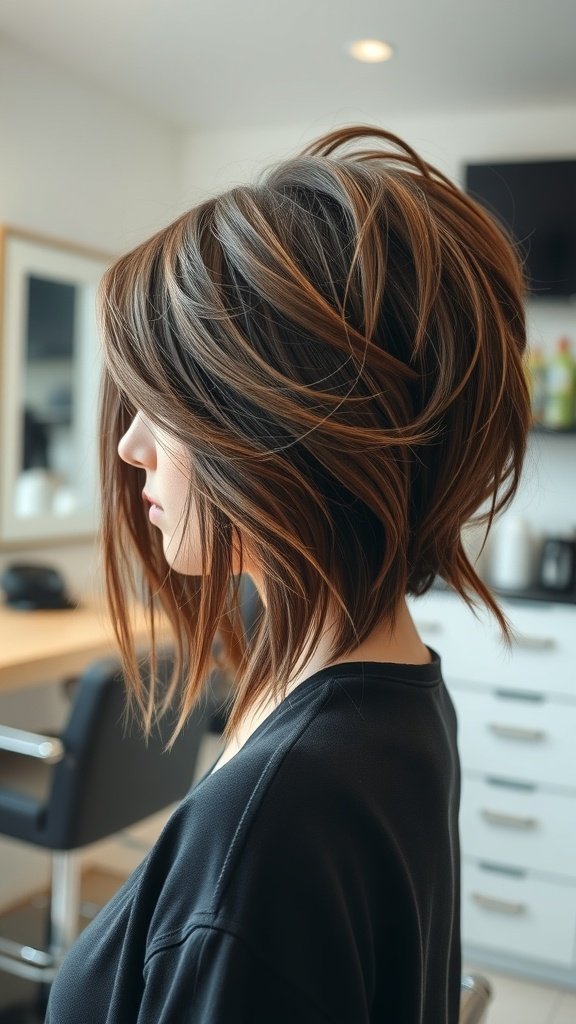 A woman with a tousled layered haircut and side bangs, showcasing a stylish and textured look.