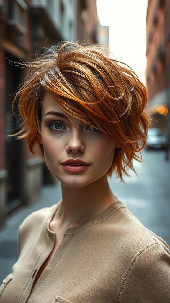 A woman with tousled shag haircut featuring copper highlights, standing in a city street.