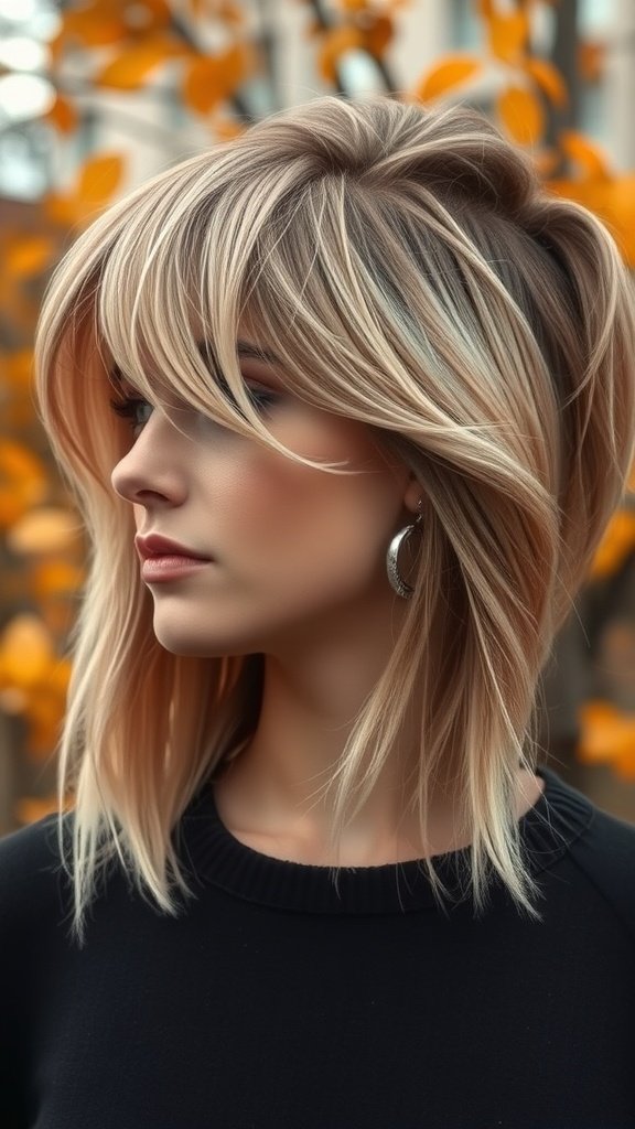 A woman with an undercut hairstyle featuring curtain bangs, showcasing a stylish and modern look.