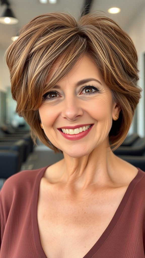 A woman with a voluminous short hairstyle featuring overlapping layers, smiling confidently.