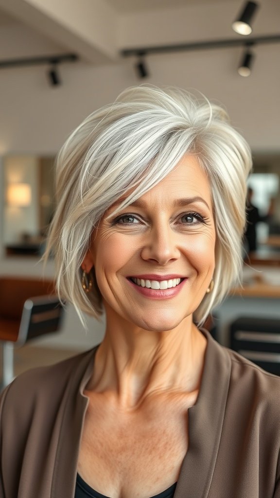 A woman with a voluminous short cut featuring overlapping layers, smiling confidently in a salon setting.