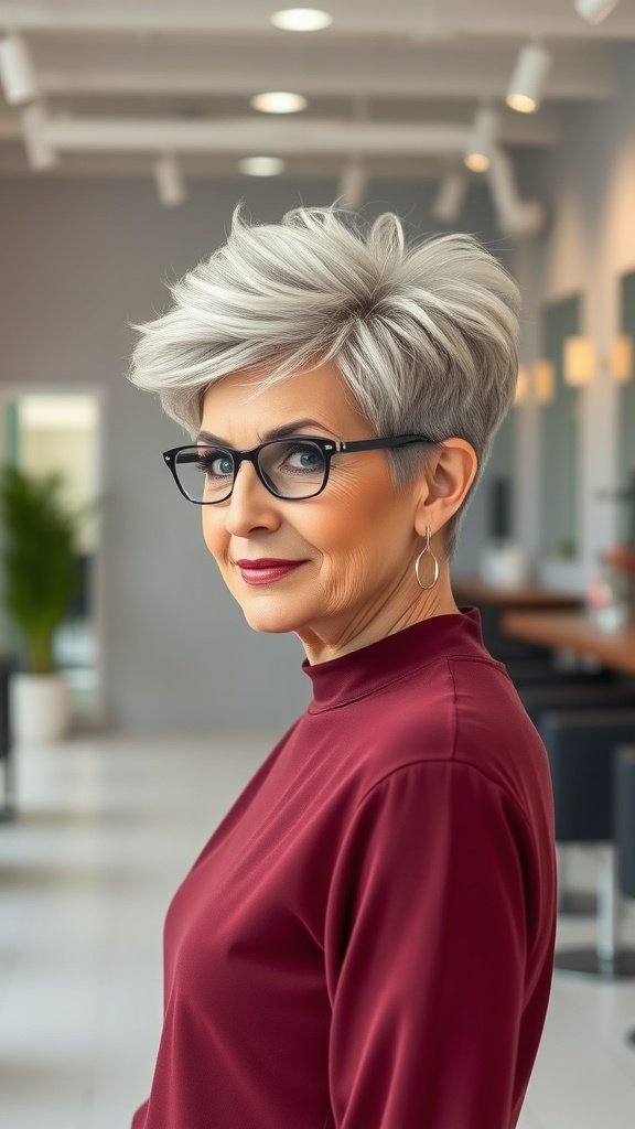 A woman with a volumized pompadour pixie hairstyle, wearing glasses and a burgundy top, smiling confidently.