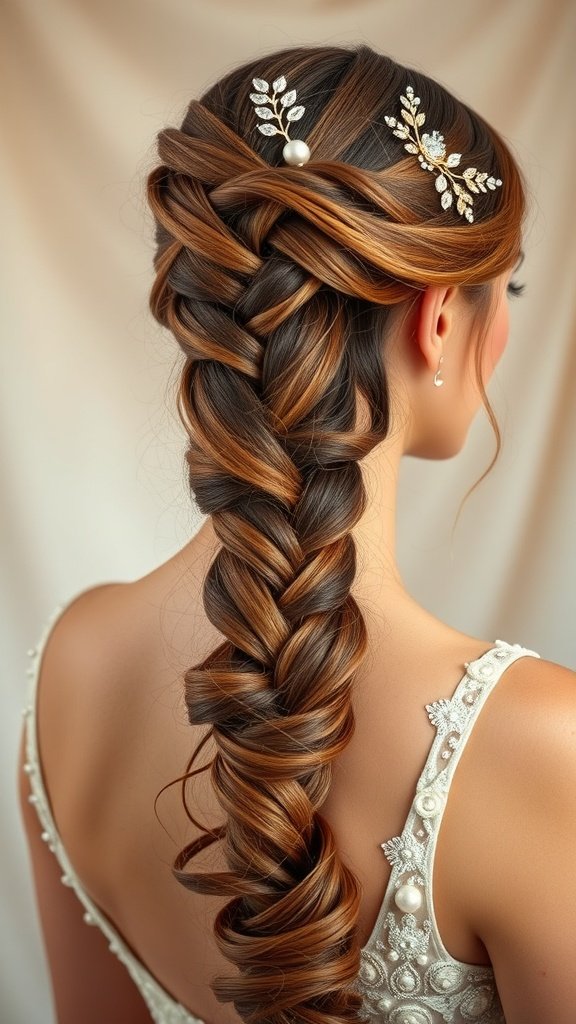 A beautiful Waterfall Twist Braid hairstyle adorned with decorative hairpins, showcasing elegance and style for prom.