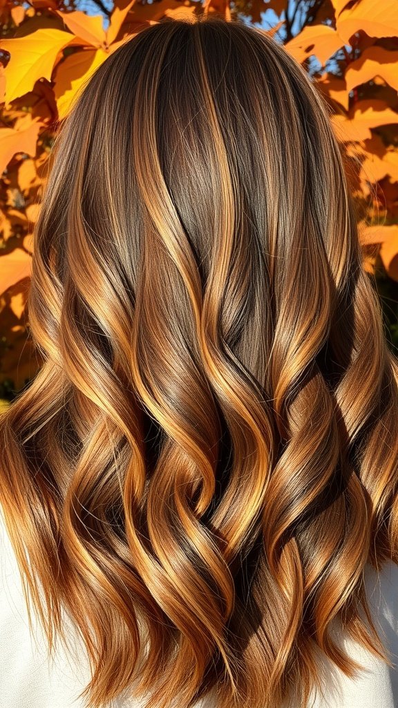 A close-up of wavy hair showcasing a Whiskey and Oak Blend color, with warm golden and earthy tones, set against a backdrop of autumn leaves.