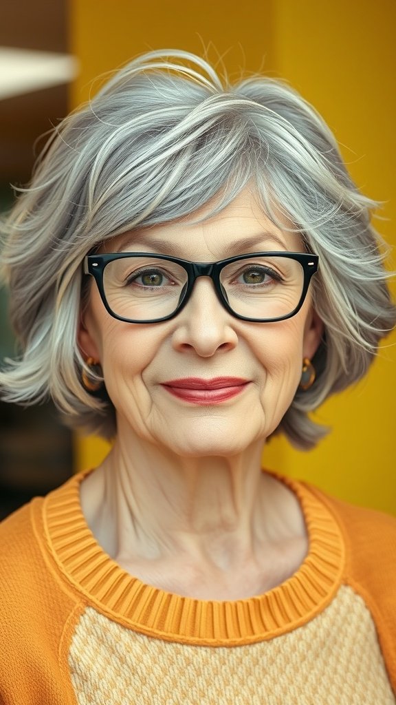 A woman over 70 with a wispy layered haircut, wearing glasses and a bright orange sweater.