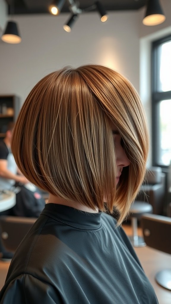 A stylish angled bob hairstyle with precision cut edges, showcasing a modern and chic look.