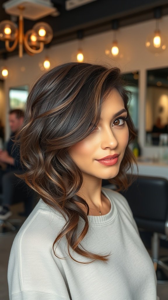 A woman with an asymmetrical haircut featuring soft curls and flipped ends, showcasing a stylish look.