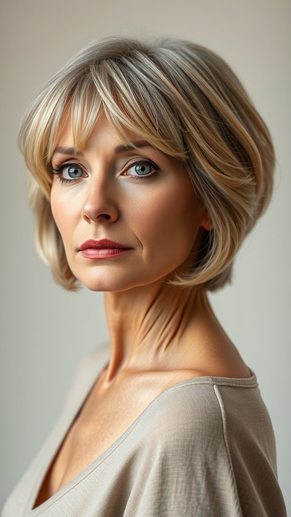 A woman with a stylish bob hairstyle featuring subtle waves and highlights, looking elegant and confident.