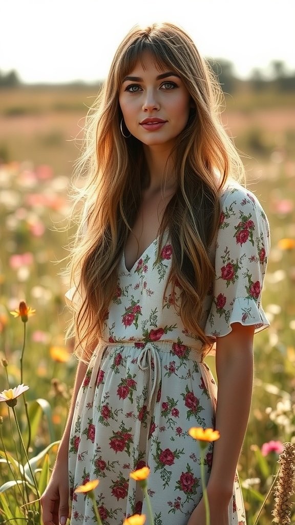 A woman with long hair and feathered bangs, wearing a floral dress, standing in a field of flowers.