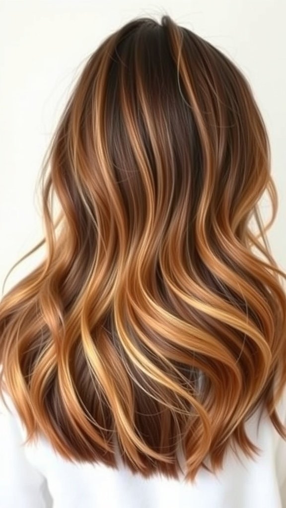 A hairstyle featuring caramel highlights and deep brown lowlights, styled in soft waves.