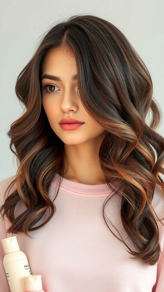 A woman with a center part lob hairstyle featuring soft waves, holding hair products.