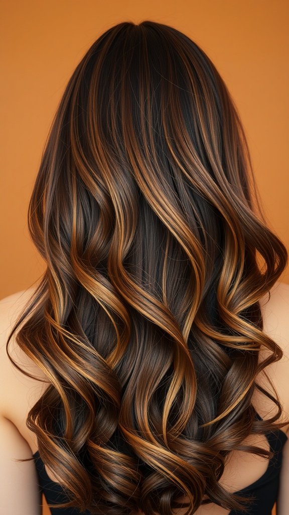 A woman with chestnut brown hair styled in soft waves, featuring caramel highlights.