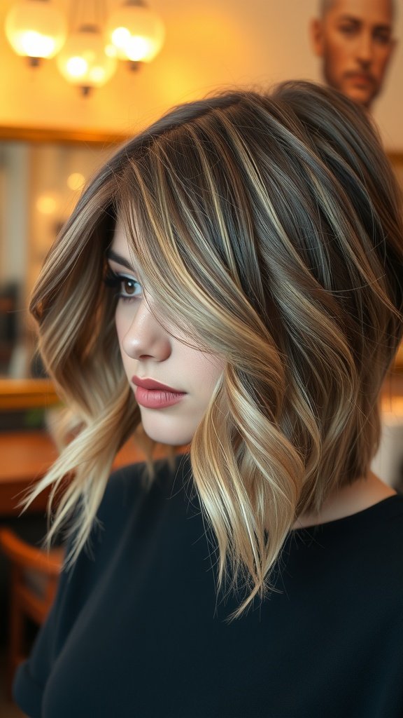 Chin-length lob hairstyle with delicate layers and highlights